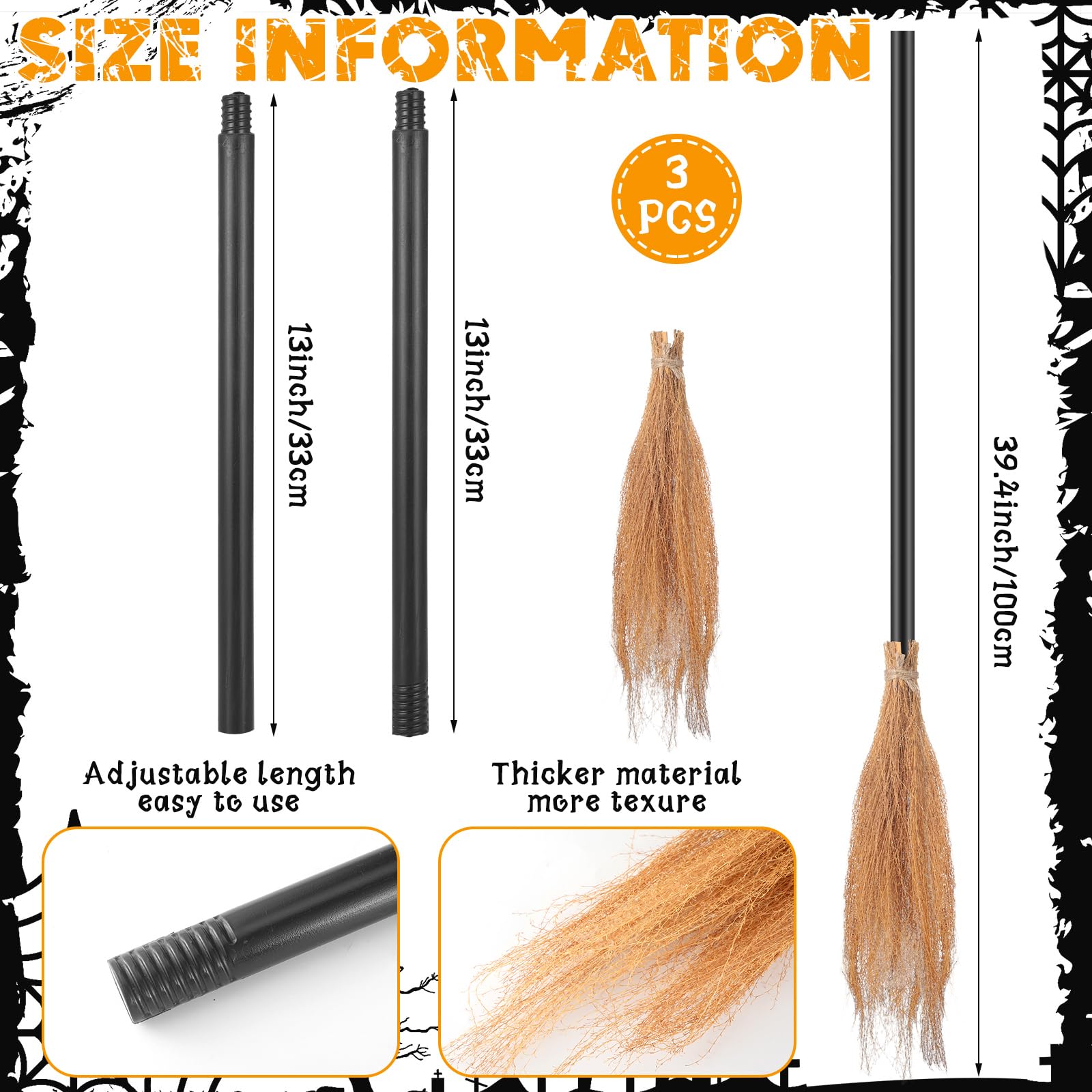 Panitay 6 Pieces Halloween Witch Broom Hat Set, Includes 3 Pcs Realistic Witch Brooms and 3 Pcs Black Witch Hats, Halloween Witch Accessories for Halloween Party Cosplay Props Costume Accessories