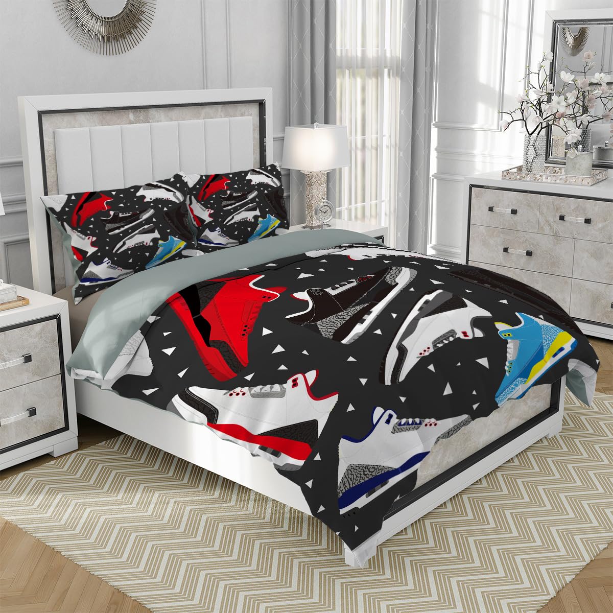 Basketball Shoes Duvet Cover Set Twin Size, Cool Teens Sports Retro Sneaker Bedding Set 3 Pieces Soft Microfiber Quilt Cover for Kids Boys Teens Room Decor, Comforter Cover with 2 Pillowcase