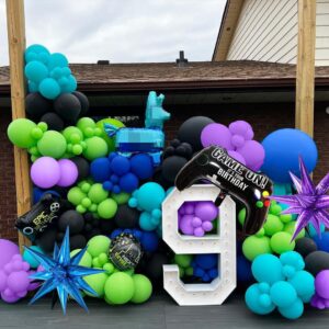 150Pcs Purple Blue Green Black Game Balloon Garland Kit for Video Game Theme Birthday Party Decorations, Video Game Party Supplies Gamer Decorations