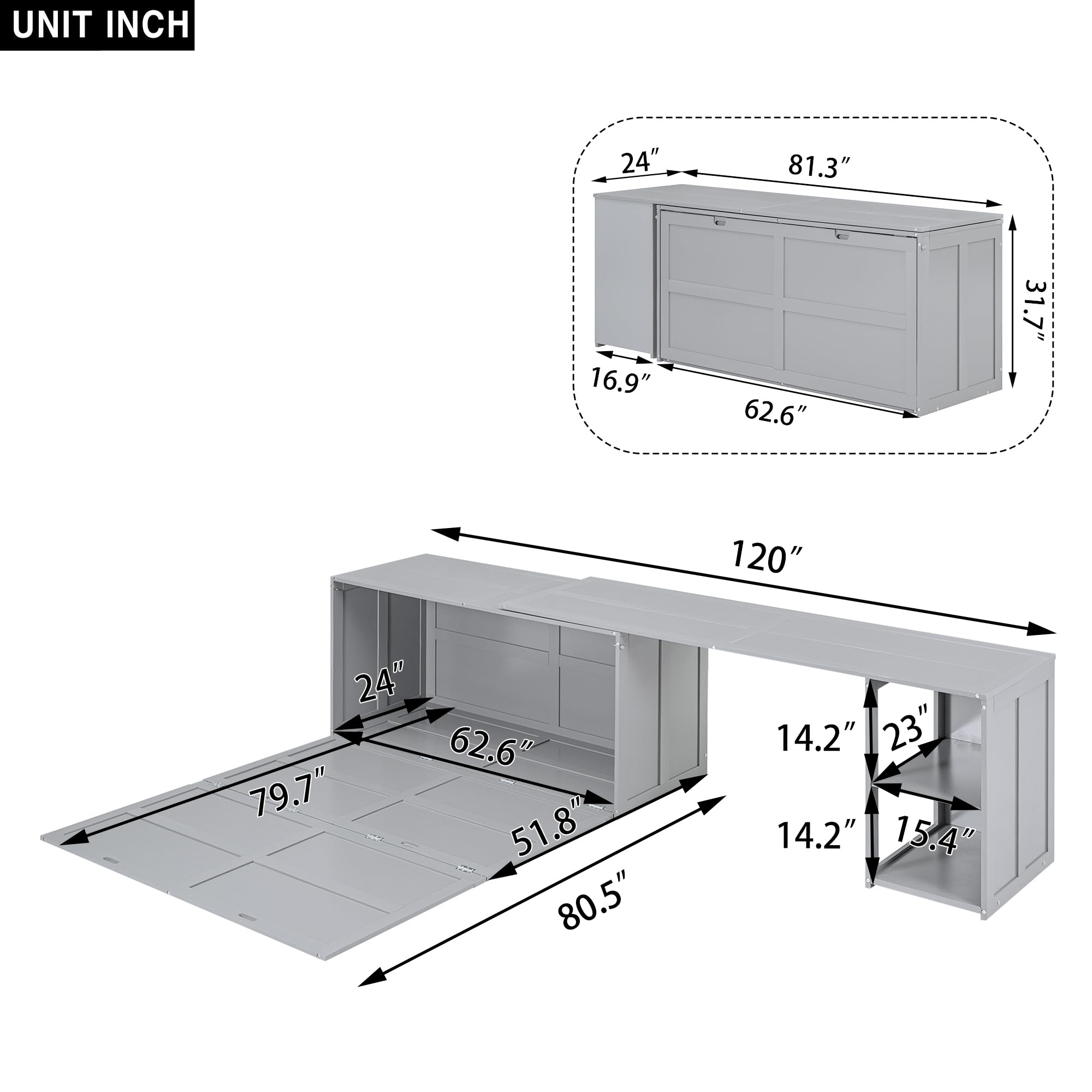 Murphy Cube Queen Cabinet Bed with Rotable Desk and Storage Shelves, Wood Foldable Floor Queen Size Bed Frame for Home Office Studio, Gray