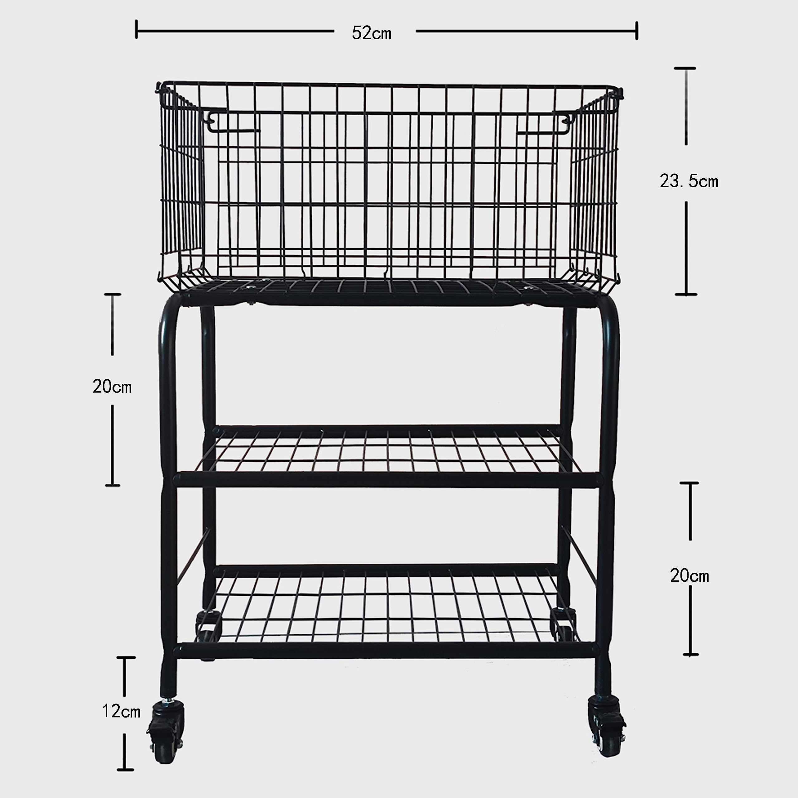 HENNZE Rolling Laundry Basket on Wheels,3 Tiers- Garment Storage Cart,Easy Moved Basket for Organizer,Black Metal Basket with Wheels, Garment Metal Rack for Clothes Wash and Dry Sort（Black