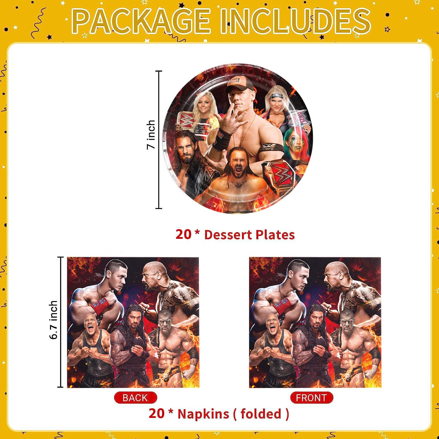 40Pcs Wrestling Party Supplies include 20 plates, 20 napkins for the Wrestling Birthday party Decoration