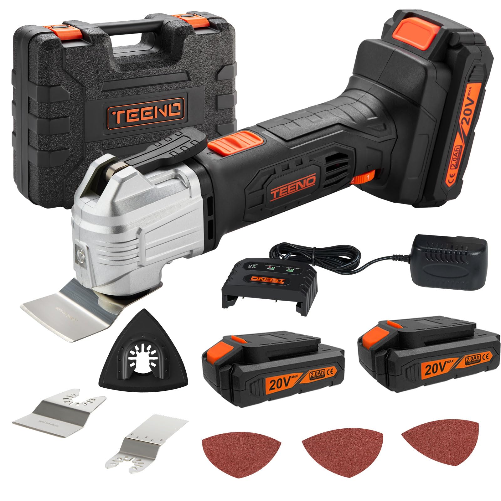 TEENO Oscillating Tool, Cordless Oscillating Multi-Tool with 20V 2Ah Lithium-Ion, 5000-18000 OPM, 6 Variable Speed, 3.2° Oscillation Angle, for Sawing, Cutting, Sanding (Two Battery)