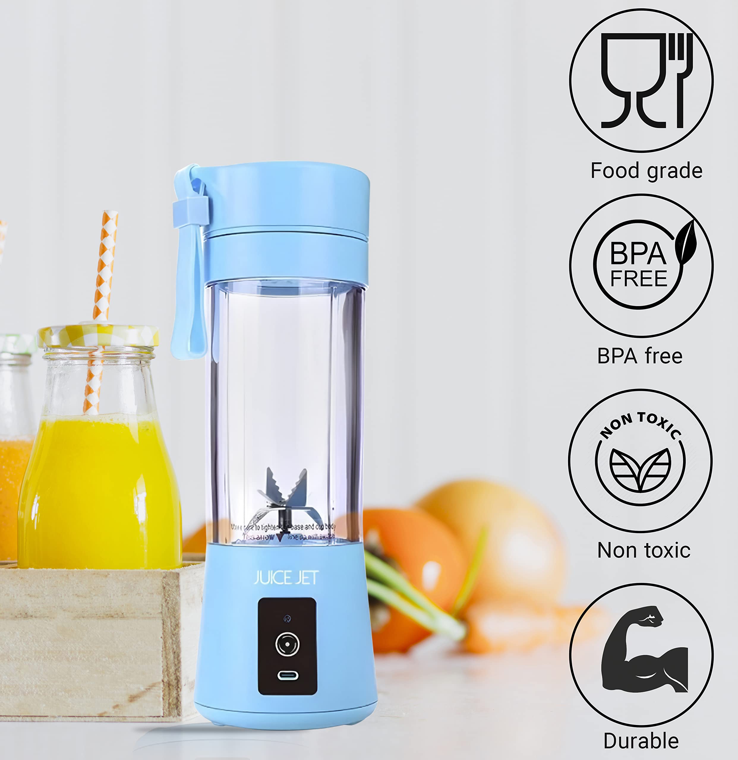 Juice Jet, Portable Blender, Mixer, USB Rechargeble, Personal Blender, Handheld Blender, Travel, Gym, Home, Outdoor, Office (Blue)