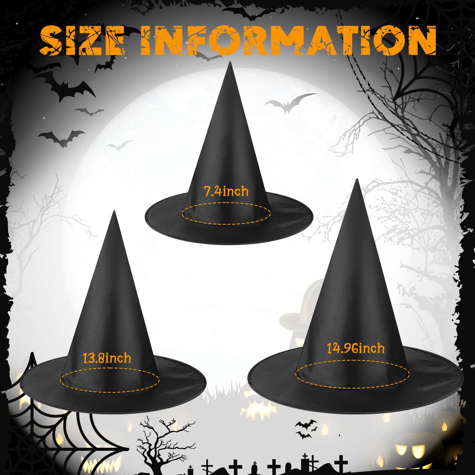 Panitay 6 Pieces Halloween Witch Broom Hat Set, Includes 3 Pcs Realistic Witch Brooms and 3 Pcs Black Witch Hats, Halloween Witch Accessories for Halloween Party Cosplay Props Costume Accessories