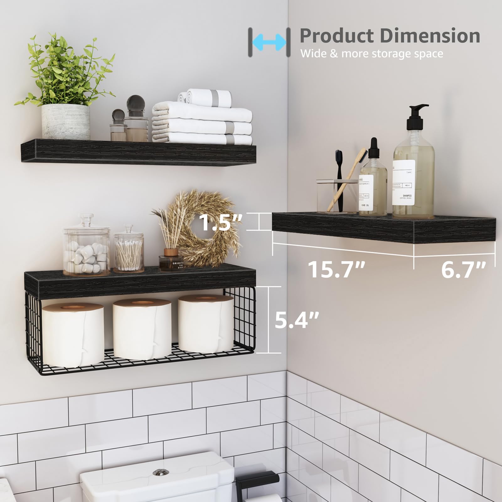 QEEIG Black Bathroom Shelves Over Toilet Wall Mounted Floating Shelves Farmhouse Shelf Toilet Paper Storage Small 16 inch Set of 3 (019-B3)