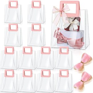 fulmoon 12 pcs clear gift bag with handle and sheer ribbon reusable transparent pvc gift bag for bridal party, baby shower, wedding, birthday, 7 x 4 x 8 inch(pink)