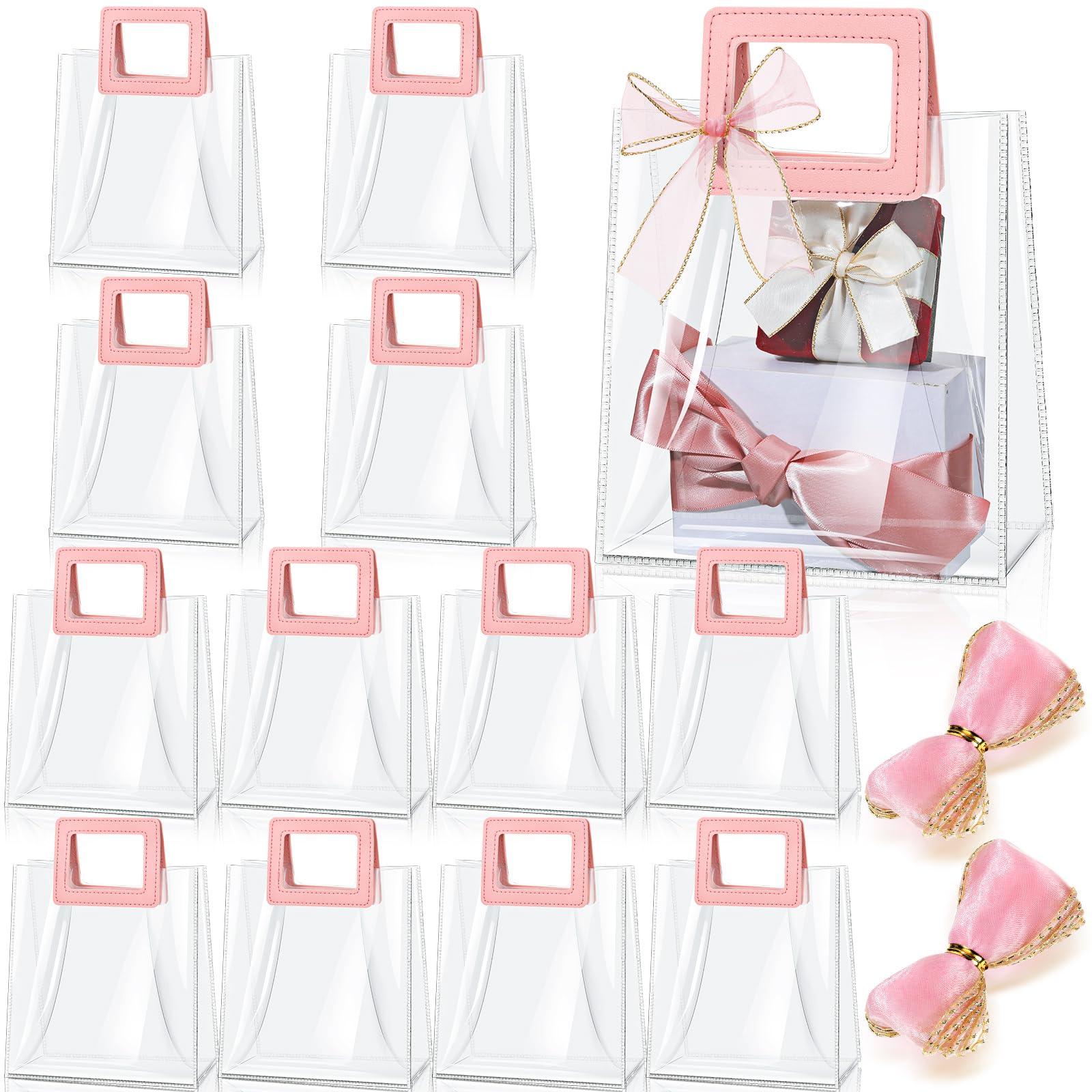 Fulmoon 12 Pcs Clear Gift Bag with Handle and Sheer Ribbon Reusable Transparent PVC Gift Bag for Bridal Party, Baby Shower, Wedding, Birthday, 7 x 4 x 8 Inch(Pink)