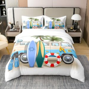 100% Natural Cotton Ocean Beach Duvet Cover Twin, Cartoon Surfboard Bus Bedding Set, Palm Trees Comforter Cover For Kids Boys Girls Teens, Tropical Coastal Summer Holiday Bedspread Cover Room Decor