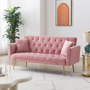 Pink Velvet Sofa Bed with 3 Adjustable Backrests, Chrome Legs - Convertible, Folding Sleeper Couch for Living Room, Office