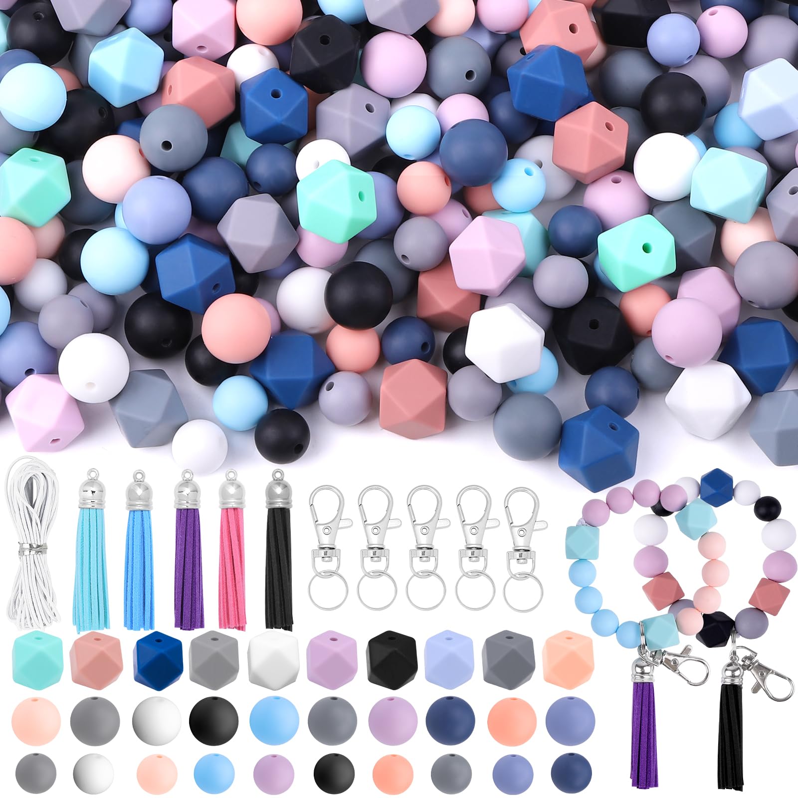 Vellibring 121 PCS Silicone Beads for Keychain Making Kit,12mm 15mm Round 14mm Polygonal Rubber Beads Multicolor Bulk Silicone Loose Beads for DIY Necklace Bracelet Jewelry Making Supplies