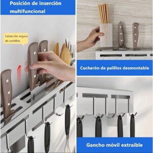 UPQRSG 15.7 inch Kitchen Knife Holder for Wall, Stainless Steel Knife Rack, No Punch Wall Mounted Multifunction Kitchen Utensil Hanger, Tableware Storage Rack Knife Rest for Home