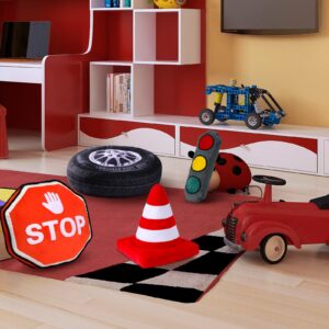 Sintuff 4 Pcs Racing Room Pillow Decorations Set 3D Simulation Wheel Tire Pillow Stop Sign Shaped Throw Pillow Traffic Safety Cone Decorative Plush Toy Kids Bedroom Car Theme Decor