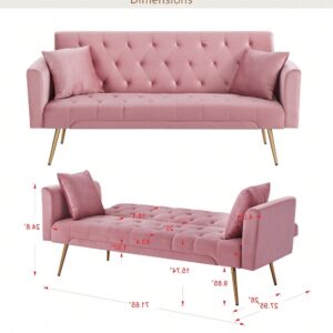 Pink Velvet Sofa Bed with 3 Adjustable Backrests, Chrome Legs - Convertible, Folding Sleeper Couch for Living Room, Office