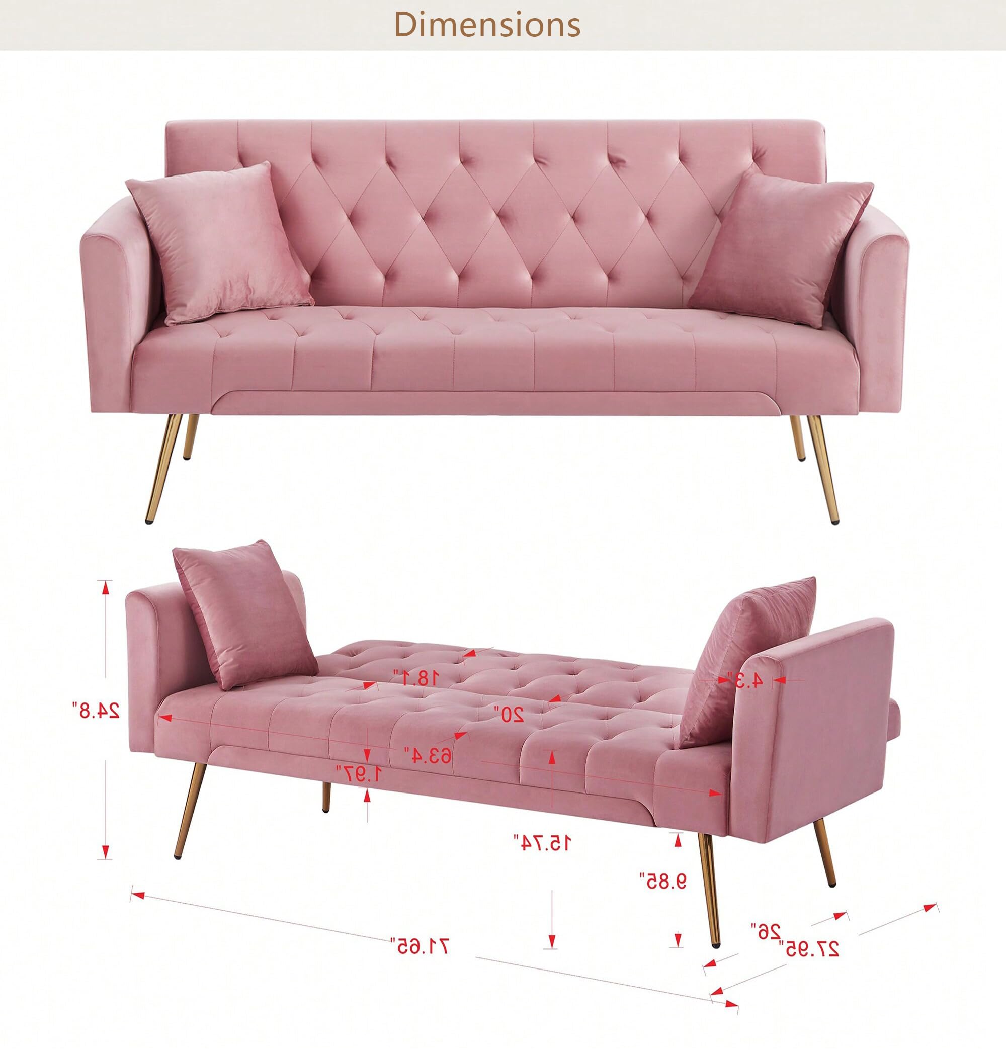 Pink Velvet Sofa Bed with 3 Adjustable Backrests, Chrome Legs - Convertible, Folding Sleeper Couch for Living Room, Office