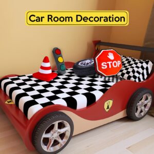 Sintuff 4 Pcs Racing Room Pillow Decorations Set 3D Simulation Wheel Tire Pillow Stop Sign Shaped Throw Pillow Traffic Safety Cone Decorative Plush Toy Kids Bedroom Car Theme Decor