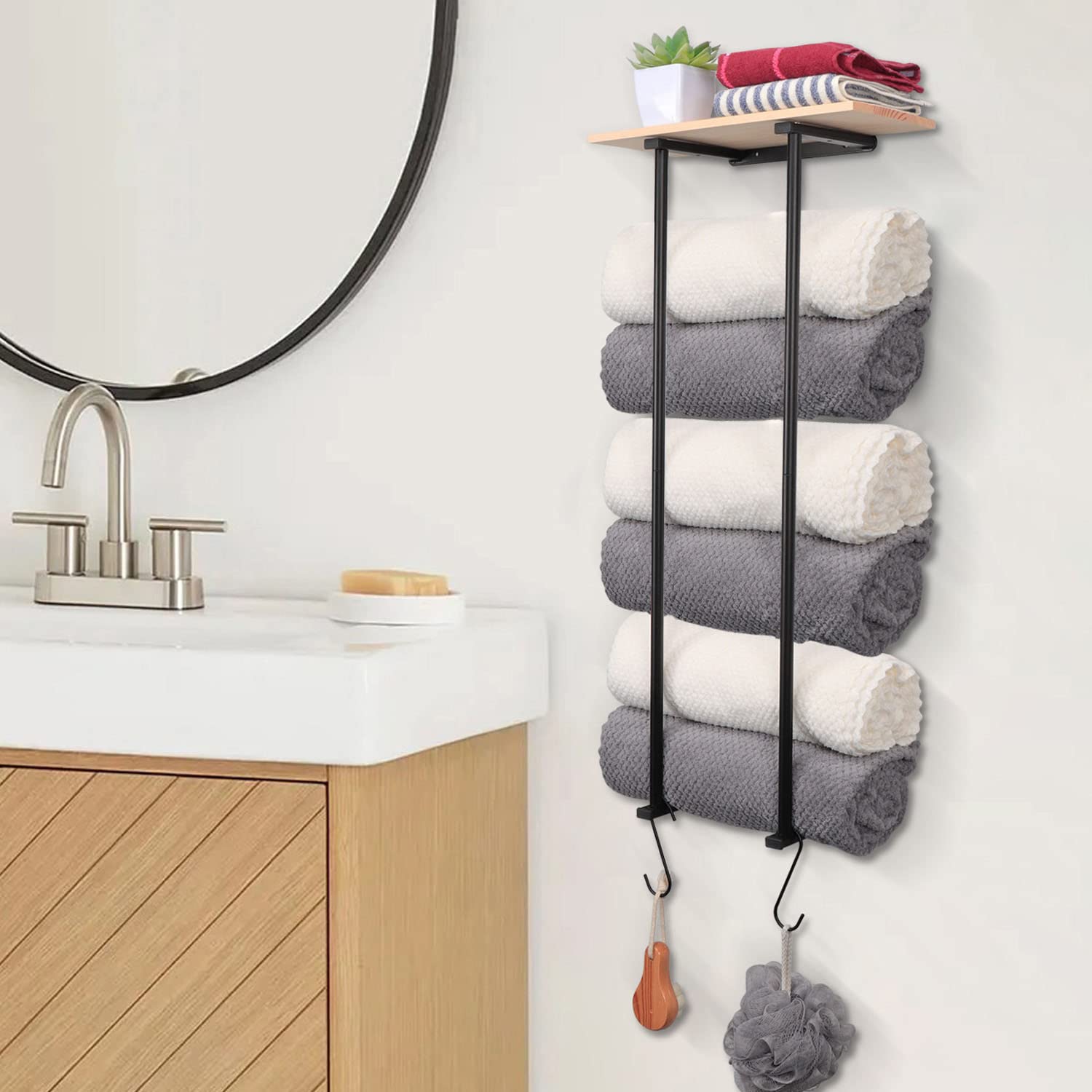 TocTen Towel Racks for Bathroom, Wall Mounted Towel Storage Rack, Wall Towel Rack with Wooden Shelf Can Holds 3 Large Towels, Rolled Towels Storage Organizer for Small Bathroom (Black, 16 Inch)