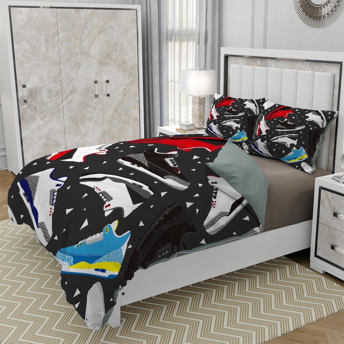 Basketball Shoes Duvet Cover Set Twin Size, Cool Teens Sports Retro Sneaker Bedding Set 3 Pieces Soft Microfiber Quilt Cover for Kids Boys Teens Room Decor, Comforter Cover with 2 Pillowcase