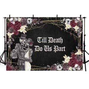 AIBIIN 7x5ft Halloween Till Death Do Us Part Backdrop Spooky Skull Gothic Wedding Party Decorations Supplies Bridal Shower Bride and Groom Mr and Mrs Anniversary Party Banner Photo Studio Props