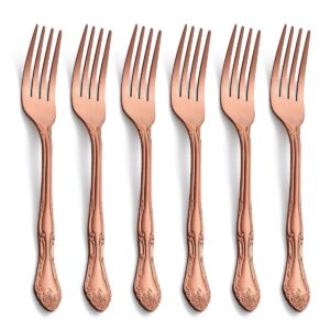 matte rose gold dinner forks, fullyware stainless steel satin finish forks silverware table fork set of 6, rose pattern design, dishwasher safe