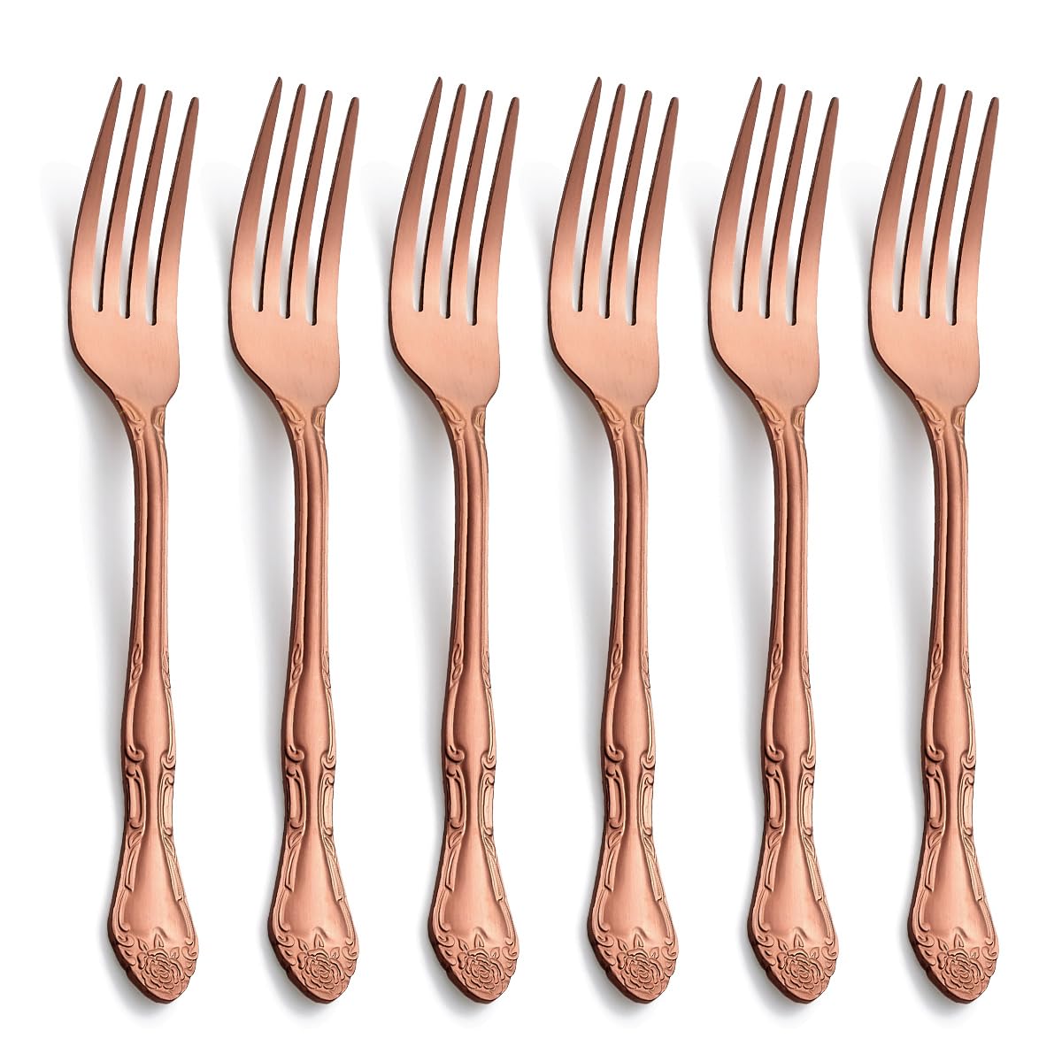 Matte Rose Gold Dinner Forks, FULLYWARE Stainless Steel Satin Finish Forks Silverware Table Fork Set of 6, Rose Pattern Design, Dishwasher Safe