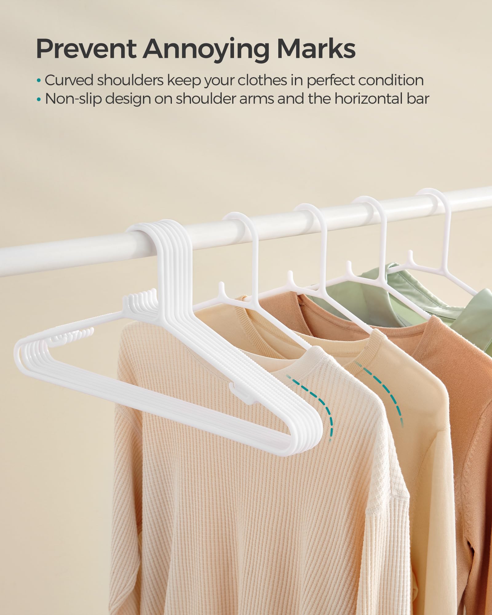 SONGMICS Plastic Hangers 50 Pack, Space-Saving Clothes Hangers, Lightweight Hangers, for Pants, Coats, Dresses, White UCRP009W50