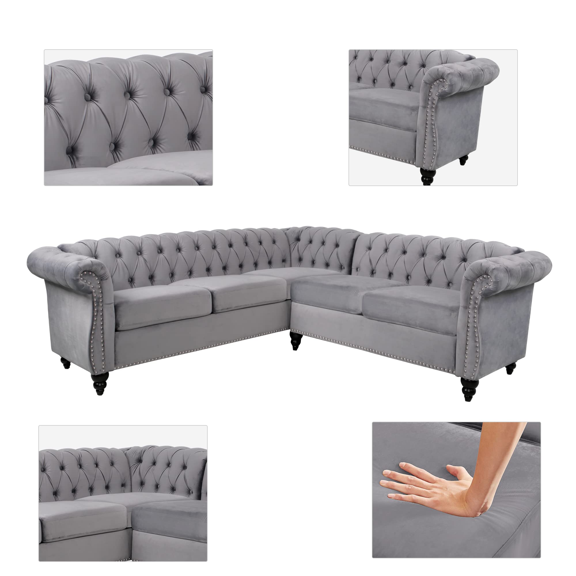 RARZOE Chesterfield L Shaped Sectional Sofa, Deep Button Tufted Velvet Sofa, Upholstered Rolled Arm Classic Chesterfield Settee Sofa, Modern 5 Seater Couch Furniture for Living Room, Grey