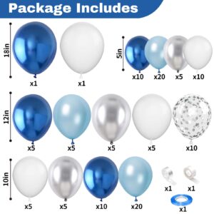 Metallic Blue Silver Balloons Garland Arch Kit, 117Pcs 18/12/10/5 Inch Chrome Blue Light Blue White Sliver Confetti Balloons for Baby Shower Birthday Wedding Graduation Party Decorations