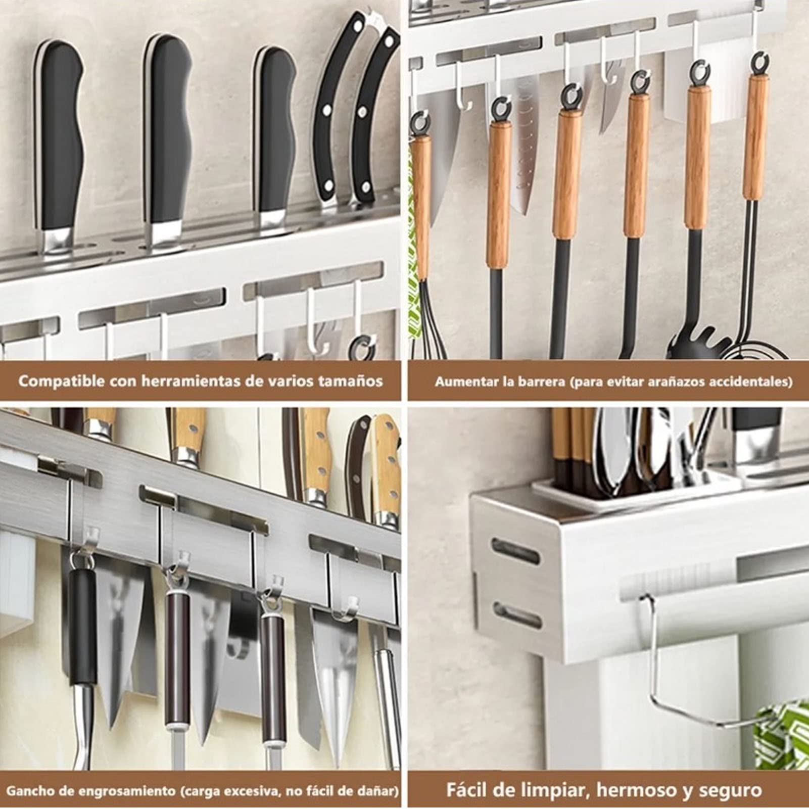 UPQRSG 15.7 inch Kitchen Knife Holder for Wall, Stainless Steel Knife Rack, No Punch Wall Mounted Multifunction Kitchen Utensil Hanger, Tableware Storage Rack Knife Rest for Home