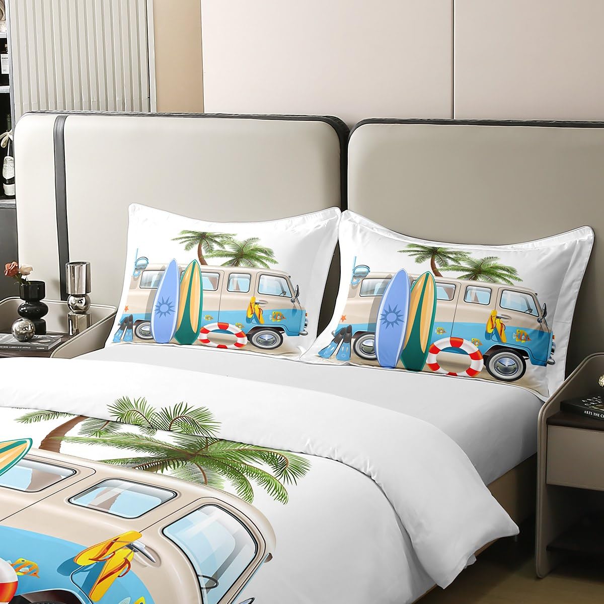 100% Natural Cotton Ocean Beach Duvet Cover Twin, Cartoon Surfboard Bus Bedding Set, Palm Trees Comforter Cover For Kids Boys Girls Teens, Tropical Coastal Summer Holiday Bedspread Cover Room Decor