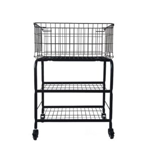 hennze rolling laundry basket on wheels,3 tiers- garment storage cart,easy moved basket for organizer,black metal basket with wheels, garment metal rack for clothes wash and dry sort（black