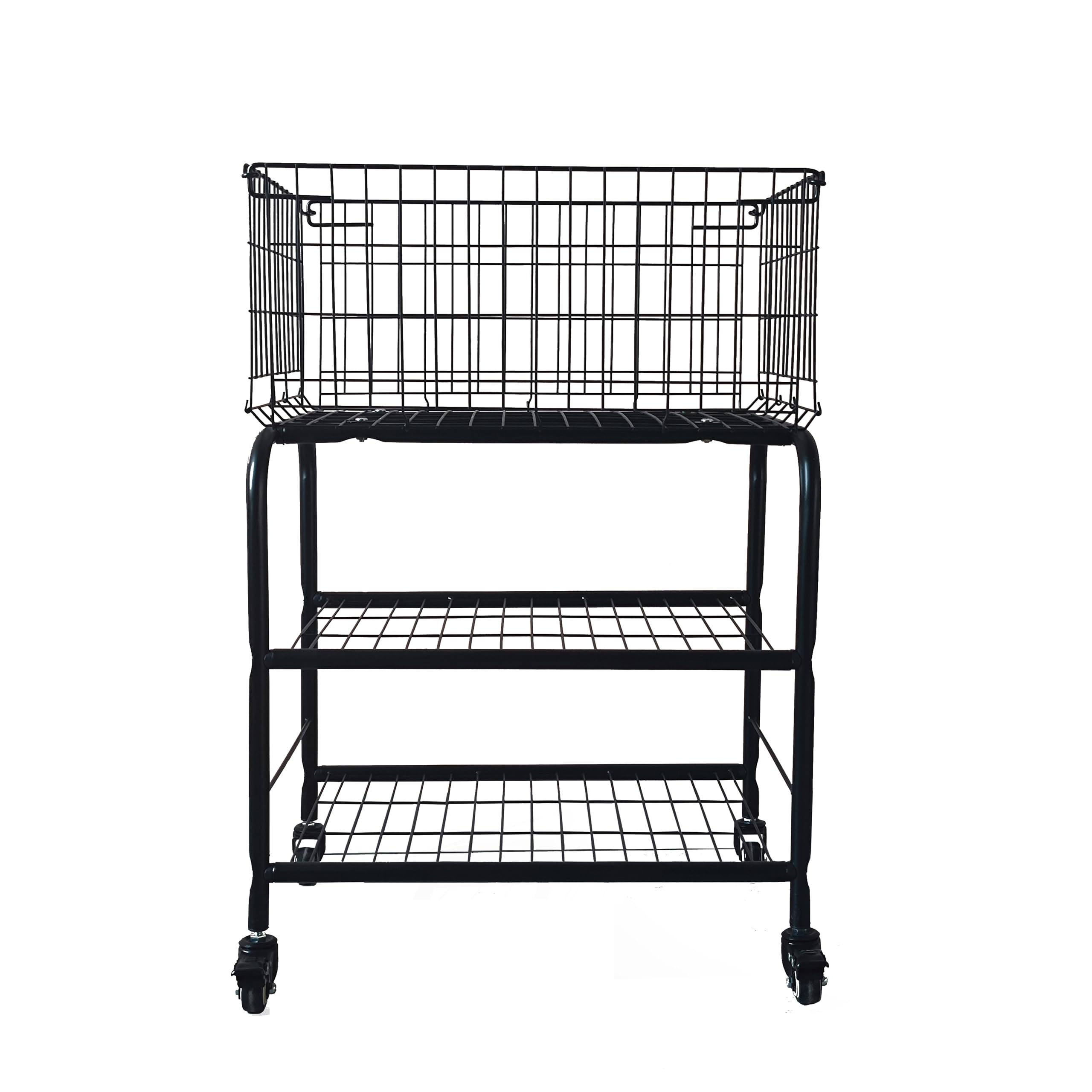 HENNZE Rolling Laundry Basket on Wheels,3 Tiers- Garment Storage Cart,Easy Moved Basket for Organizer,Black Metal Basket with Wheels, Garment Metal Rack for Clothes Wash and Dry Sort（Black