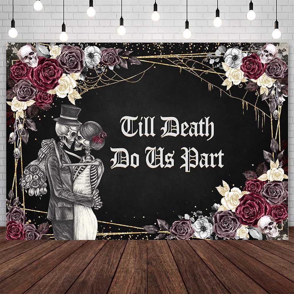 AIBIIN 7x5ft Halloween Till Death Do Us Part Backdrop Spooky Skull Gothic Wedding Party Decorations Supplies Bridal Shower Bride and Groom Mr and Mrs Anniversary Party Banner Photo Studio Props