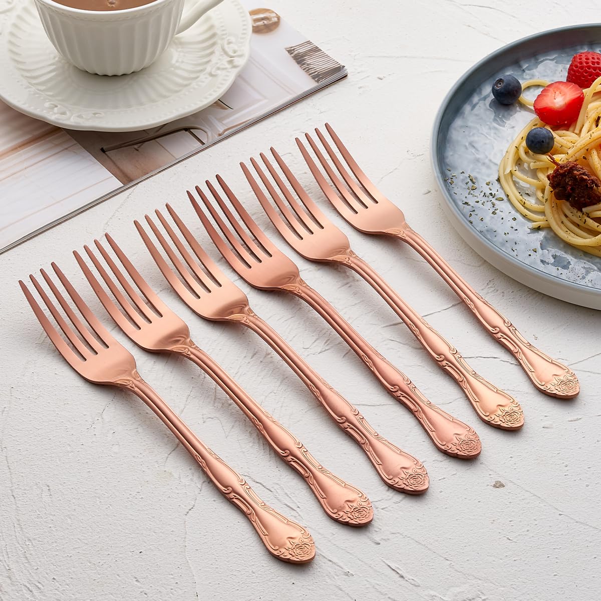 Matte Rose Gold Dinner Forks, FULLYWARE Stainless Steel Satin Finish Forks Silverware Table Fork Set of 6, Rose Pattern Design, Dishwasher Safe