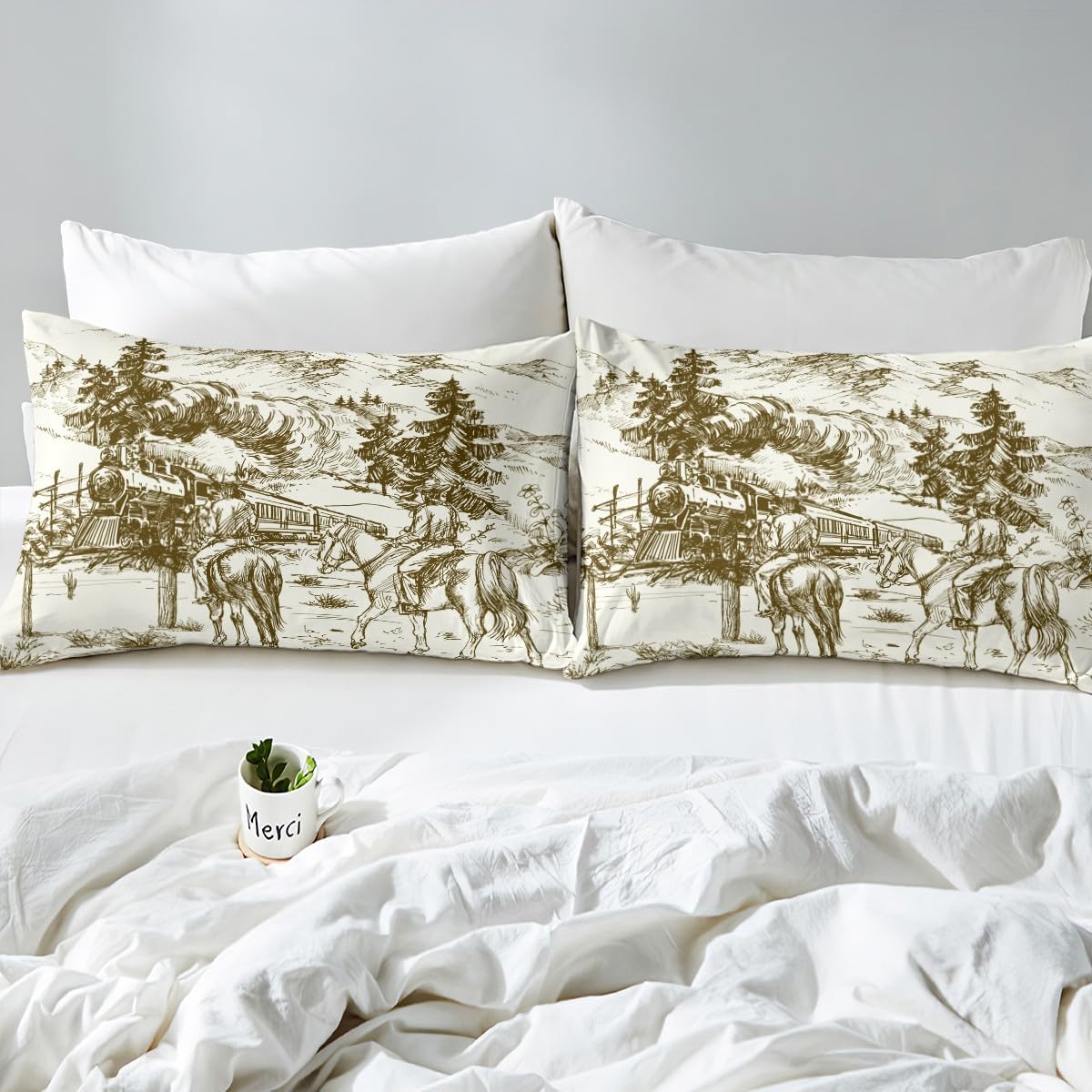 Steam Train Duvet Cover Queen Cowboys Bedding Set Wild West American Western Desert Hunting Horse Riding Comforter Cover For Men Teens Hand Drawn Illustration Mountain Cactus Room Decor Quilt Cover