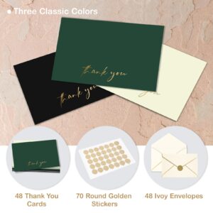 AZAZA 48 PCS Thank You Cards with Envelopes 4x6, Green Wedding Thank You Cards Gold Foil, Minimalistic Blank Thank You Notes for Graduation Baby Shower Bridal Shower (Green and Black)