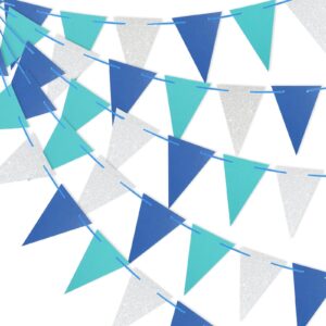 anwyll pennant banner flags,40ft triangle banner bunting flags,blue silver paper pennant no-diy for graduation,grand opening,party celebrations,wedding,baby shower decoration,indoor and outdoor