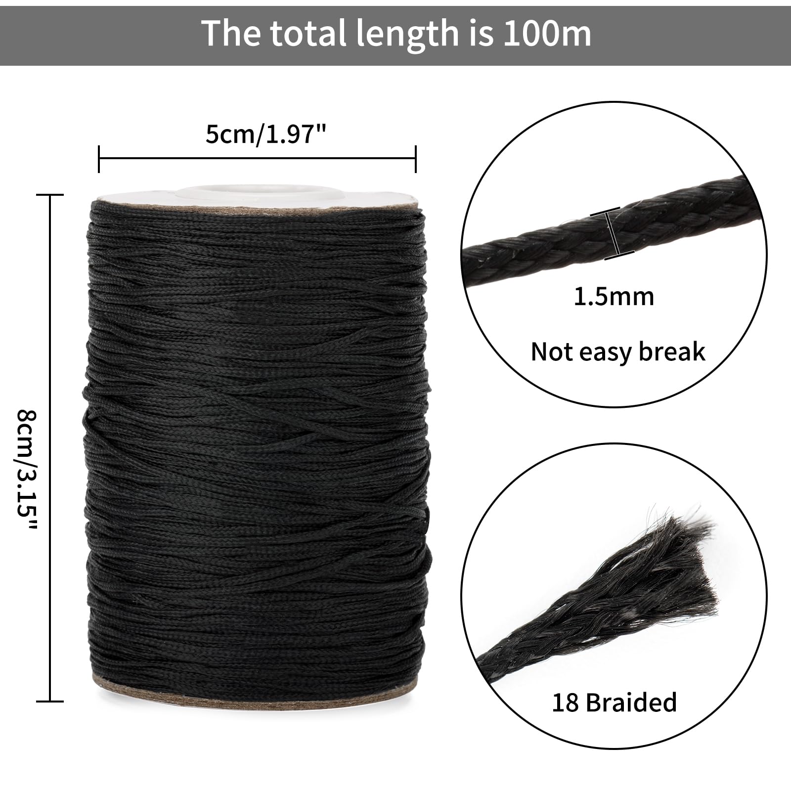 Anwyll 1.5mm Black Nylon Cord Wind Chime String,110 Yards Braided Lift Shade Cord Replacement,Windows Roman Rollers Repair,Nylon Bracelets String for DIY Crafts,Chinese Knotting,Gardening Plant