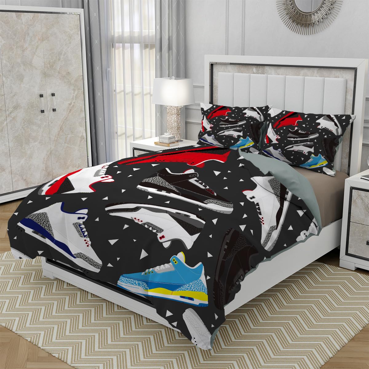 Basketball Shoes Duvet Cover Set Twin Size, Cool Teens Sports Retro Sneaker Bedding Set 3 Pieces Soft Microfiber Quilt Cover for Kids Boys Teens Room Decor, Comforter Cover with 2 Pillowcase