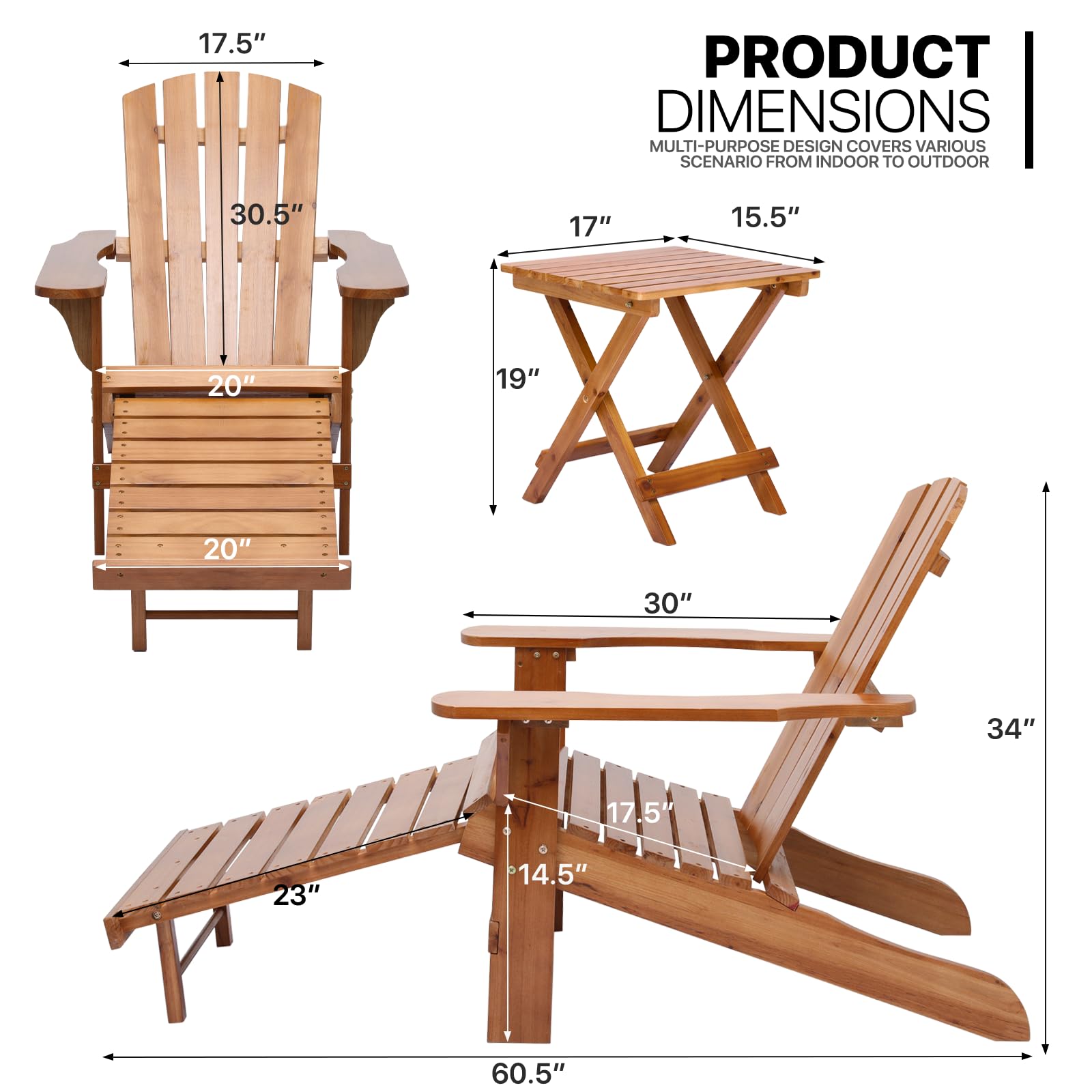 MoNiBloom Teak Adirondack Chair Set with Table & Retractable Ottoman, Outdoor Fir Wood Adirondack Chairs with Ottoman Weather Resistant, Fire Pit Chair for Deck, Garden & Backyard, 250 Lbs Capacity