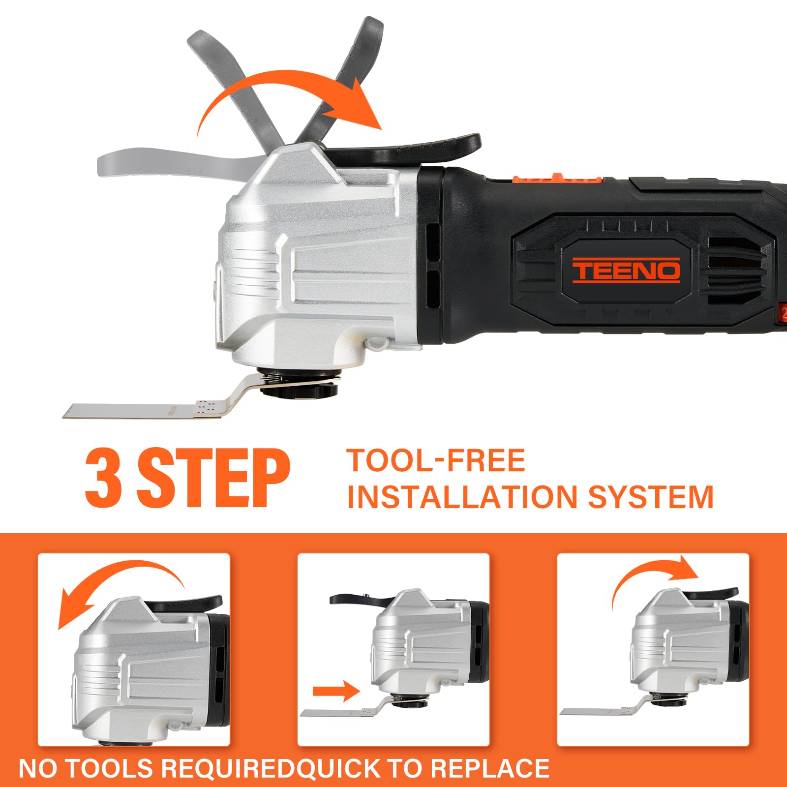 TEENO Oscillating Tool, Cordless Oscillating Multi-Tool with 20V 2Ah Lithium-Ion, 5000-18000 OPM, 6 Variable Speed, 3.2° Oscillation Angle, for Sawing, Cutting, Sanding (Two Battery)