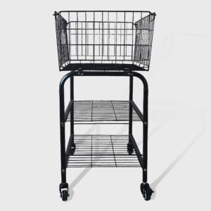 HENNZE Rolling Laundry Basket on Wheels,3 Tiers- Garment Storage Cart,Easy Moved Basket for Organizer,Black Metal Basket with Wheels, Garment Metal Rack for Clothes Wash and Dry Sort（Black