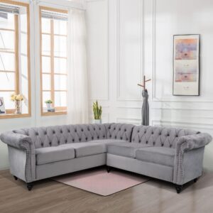 RARZOE Chesterfield L Shaped Sectional Sofa, Deep Button Tufted Velvet Sofa, Upholstered Rolled Arm Classic Chesterfield Settee Sofa, Modern 5 Seater Couch Furniture for Living Room, Grey