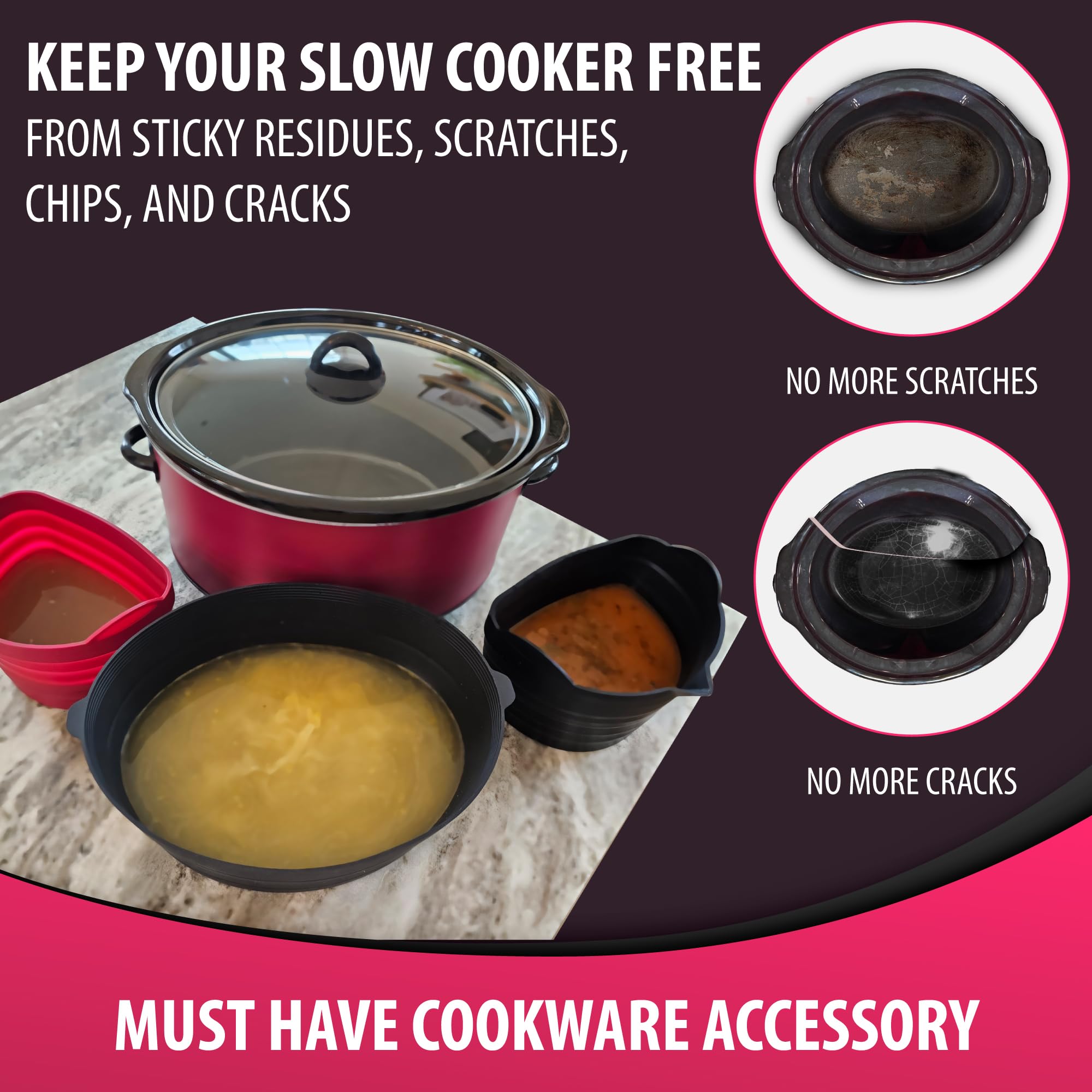 EmBear Products 3 pcs BUNDLE: Crock Pot Liners Silicone & silicone crockpot divider, Food Grade, BPA- Free, Easy to clean, Crockpot liner Reusable, leakproof & dishwasher safe crockpot liners 7qt-8qt.