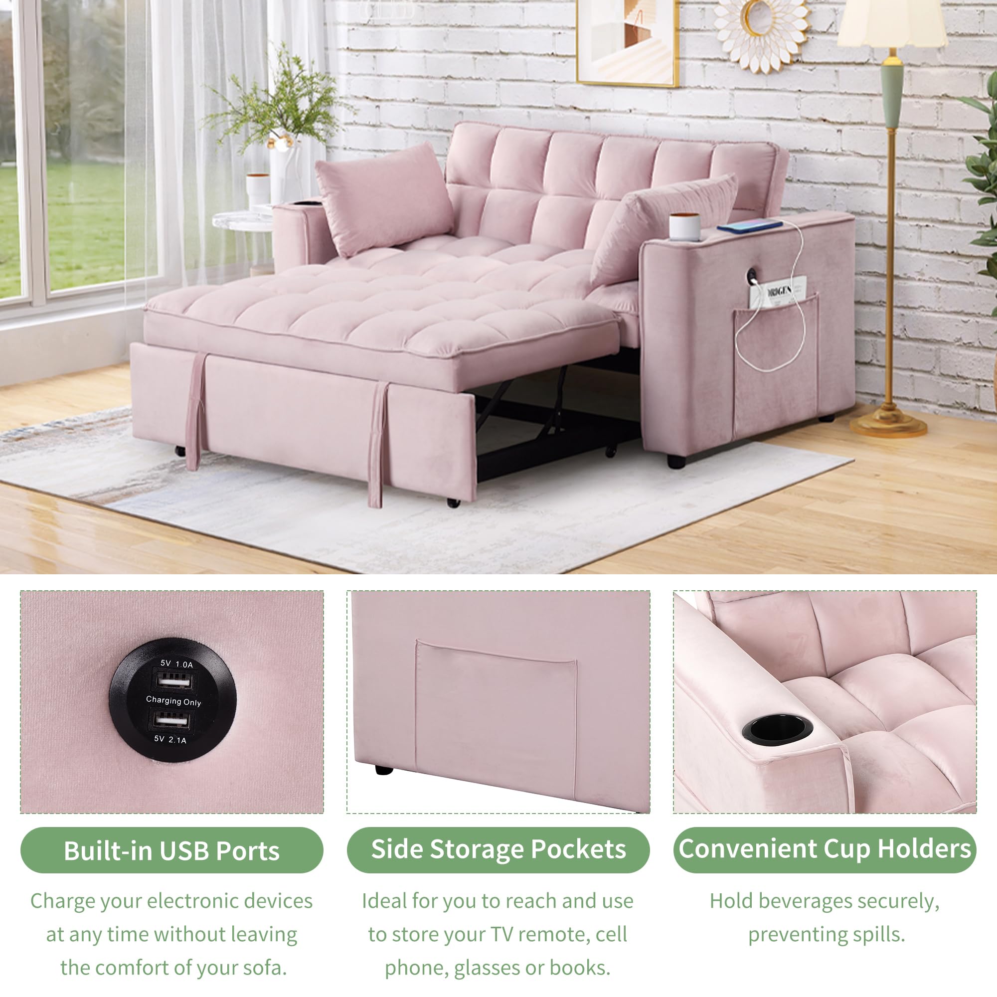 Harper & Bright Designs 55.3" 4-1 Multi-Functional Sofa Bed, Sleeper Sofa Bed with Cup Holder and USB Port for Living Room or Apartments, Pink