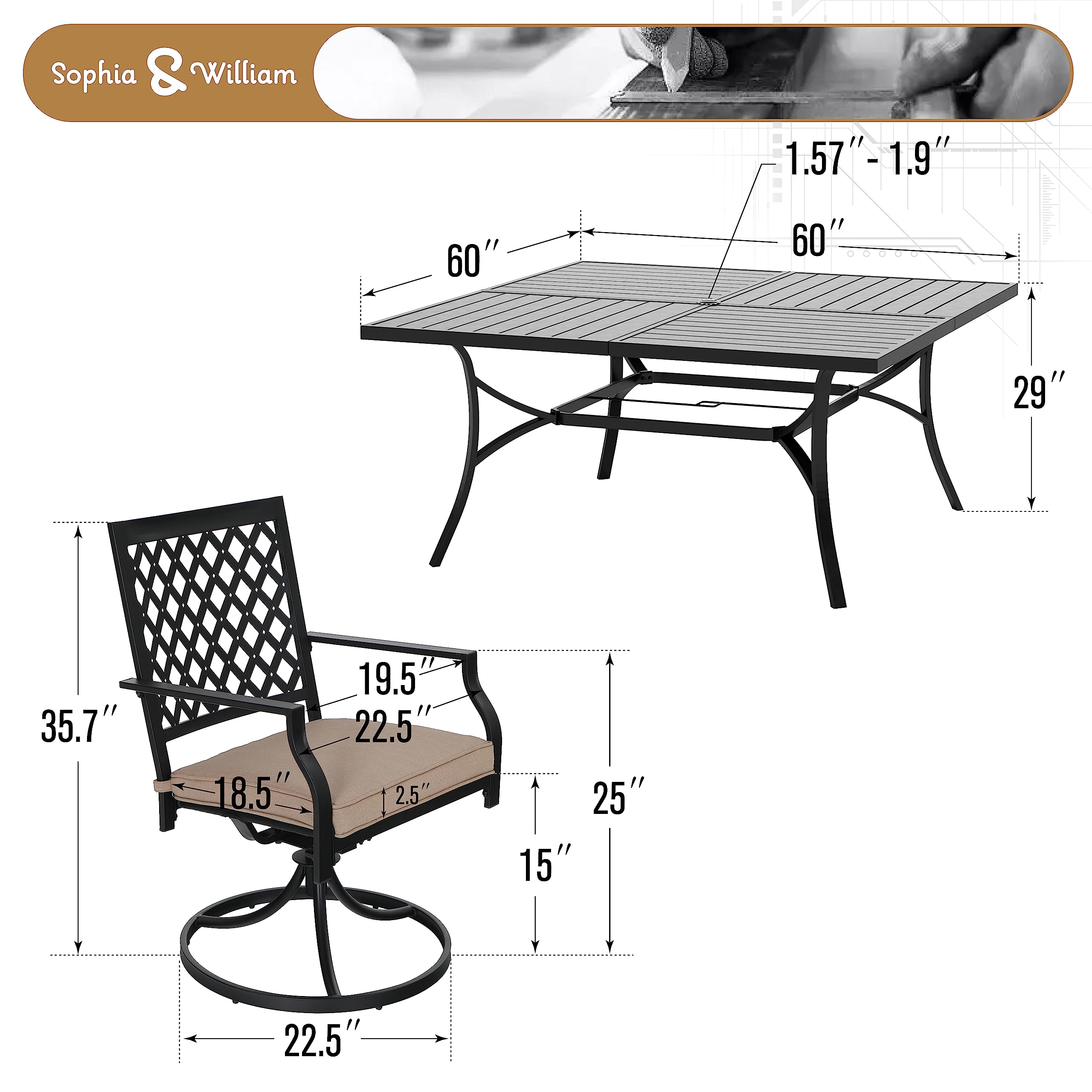 Sophia & William Outdoor Dining Set of 9, Large Square Patio Dining Table with 8 Swivel Rocking Dining Chairs with Cushion, Metal Black sOutdoor Table and Chairs for Garden Backyard Bistro