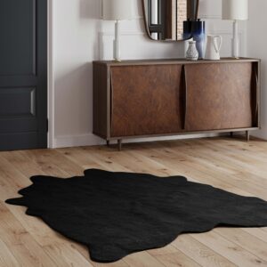 NativeSkins Faux Cowhide Rug – Midnight Black (Medium) | 4.3ft x 5.7ft | Triple-Layer Support | Ultra-Soft Pile | Hand-Cut, Faux Suede No-Slip Backing | Western Rug | Cow Hide Animal Print Rug