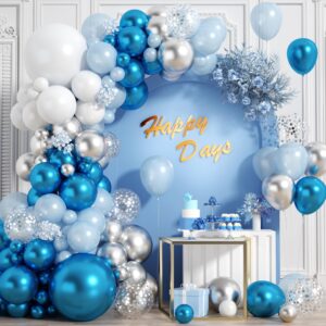 metallic blue silver balloons garland arch kit, 117pcs 18/12/10/5 inch chrome blue light blue white sliver confetti balloons for baby shower birthday wedding graduation party decorations