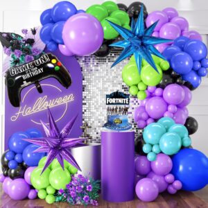 150Pcs Purple Blue Green Black Game Balloon Garland Kit for Video Game Theme Birthday Party Decorations, Video Game Party Supplies Gamer Decorations