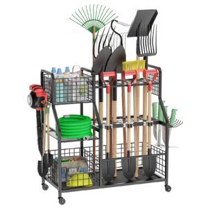 felnuhee garden tool organizer for garage, 3 tier utility yard tool organizer and storage holder with wheels, large garden tool rack with extra storage basket for garden/shed/garage/yard/basement/lawn